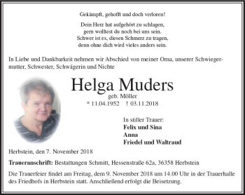 Traueranzeige von Helga Muders von VRM Trauer