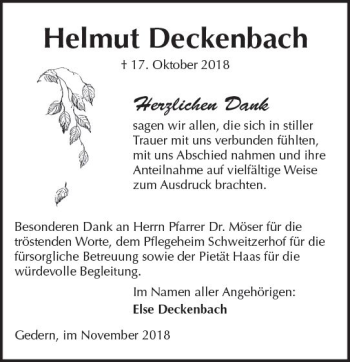 Traueranzeige von Helmut Deckenbach von  Kreisanzeiger