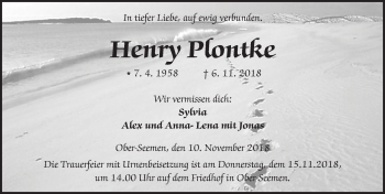 Traueranzeige von Henry Plontke von  Kreisanzeiger