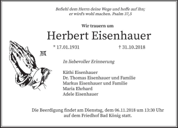 Traueranzeige von Herbert Eisenhauer von vrm-trauer