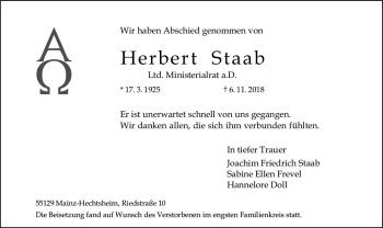 Traueranzeige von Herbert Staab von vrm-trauer