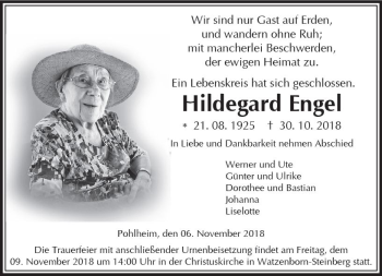 Traueranzeige von Hildegard Engel von  Gießener Anzeiger