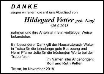Traueranzeige von Hildegard Vetter von vrm-trauer