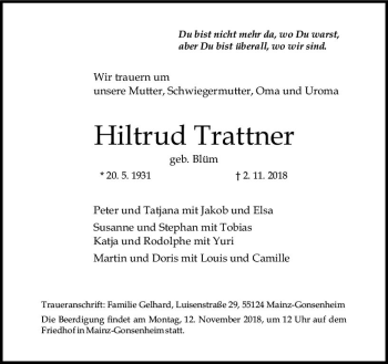 Traueranzeige von Hiltrud Trattner von vrm-trauer