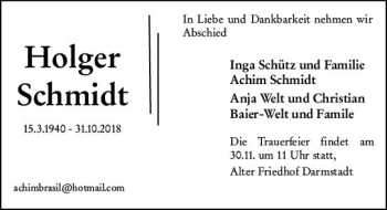 Traueranzeige von Holger Schmidt von vrm-trauer