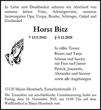 Traueranzeige von Horst Bitz von vrm-trauer