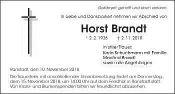 Traueranzeige von Horst Brandt von  Kreisanzeiger