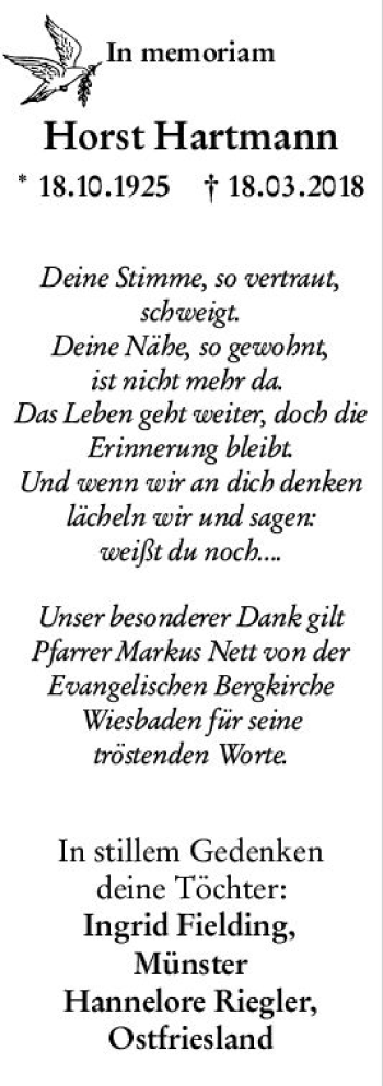 Traueranzeige von Horst Hartmann von vrm-trauer
