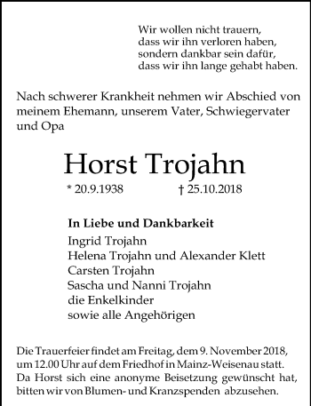 Traueranzeige von Horst Trojahn von vrm-trauer