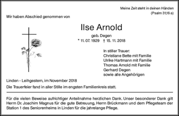Traueranzeige von Ilse Arnold von  Gießener Anzeiger