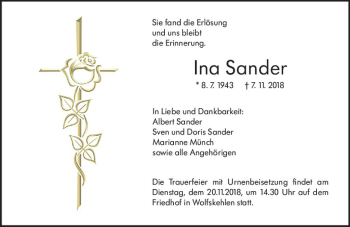 Traueranzeige von Ina Sander von vrm-trauer