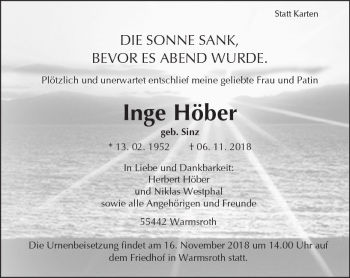 Traueranzeige von Inge Höber von vrm-trauer