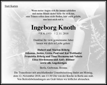 Traueranzeige von Ingeborg Knoth von VRM Trauer