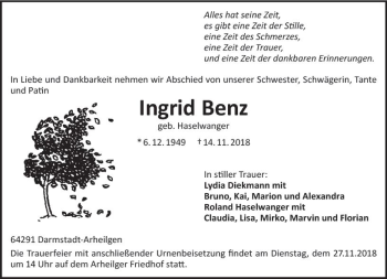 Traueranzeige von Ingrid Benz von vrm-trauer