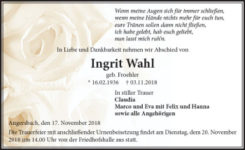 Traueranzeige von Ingrit Wahl von VRM Trauer