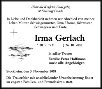 Traueranzeige von Irma Gerlach von  Kreisanzeiger