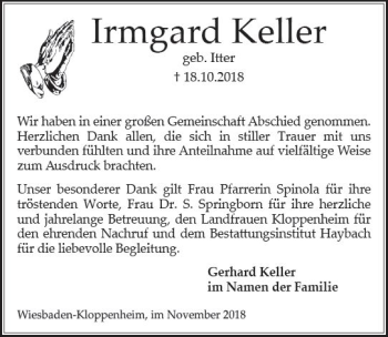 Traueranzeige von Irmgard Keller von vrm-trauer