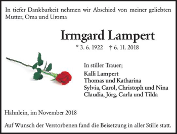 Traueranzeige von Irmgard Lampert von vrm-trauer
