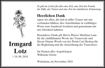 Traueranzeige von Irmgard Lotz von  Usinger Anzeiger