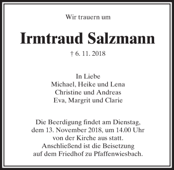 Traueranzeige von Irmtraud Salzmann von  Usinger Anzeiger