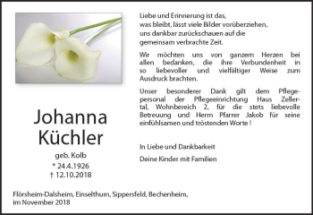 Traueranzeige von Johanna Küchler von vrm-trauer