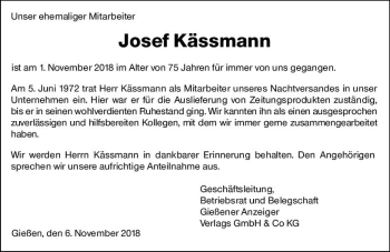 Traueranzeige von Josef Kässmann von  Gießener Anzeiger