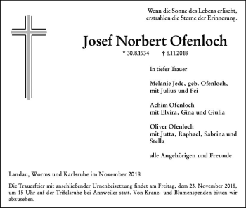 Traueranzeige von Josef Norbert Ofenloch von vrm-trauer