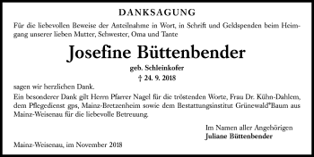 Traueranzeige von Josefine Büttenbender von vrm-trauer