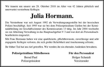 Traueranzeige von Julia Hormann von  Gießener Anzeiger