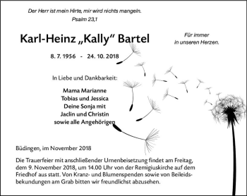 Traueranzeige von Karl-Heinz Bartel von  Kreisanzeiger