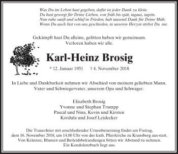 Traueranzeige von Karl-Heinz Brosig von  Usinger Anzeiger