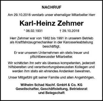 Traueranzeige von Karl-Heinz Zehmer von vrm-trauer