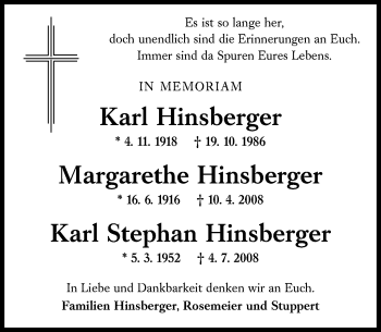 Traueranzeige von Karl Hinsberger von vrm-trauer