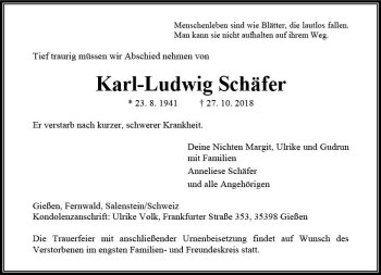Traueranzeige von Karl-Ludwig Schäfer von  Gießener Anzeiger