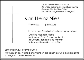 Traueranzeige von Karl Heinz Nies von VRM Trauer