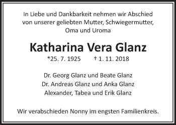 Traueranzeige von Katharina Vera Glanz von  Gießener Anzeiger