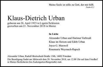 Traueranzeige von Klaus-Dietrich Urban von vrm-trauer