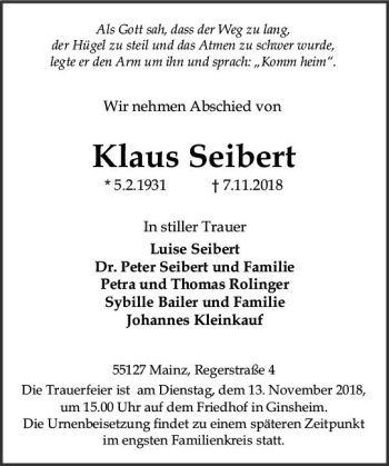 Traueranzeige von Klaus Seibert von vrm-trauer