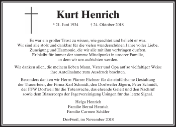 Traueranzeige von Kurt Henrich von  Usinger Anzeiger
