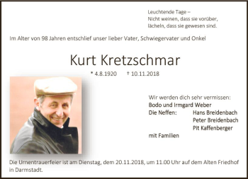 Traueranzeige von Kurt Kretzschmar von vrm-trauer