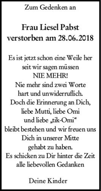 Traueranzeige von Liesel Pabst von vrm-trauer