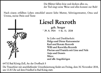 Traueranzeige von Liesel Rexroth von vrm-trauer