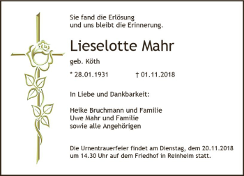 Traueranzeige von Lieselotte Mahr von vrm-trauer