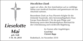 Traueranzeige von Lieselotte Mai von  Kreisanzeiger