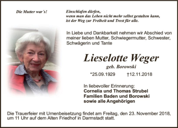 Traueranzeige von Lieselotte Weger von vrm-trauer