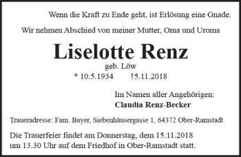 Traueranzeige von Liselotte Renz von vrm-trauer