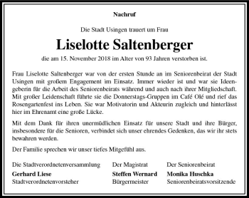 Traueranzeige von Liselotte Lotti Saltenberger von  Usinger Anzeiger