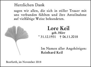 Traueranzeige von Lore Keil von vrm-trauer