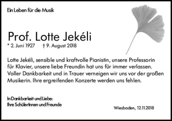 Traueranzeige von Lotte Jekeli von vrm-trauer