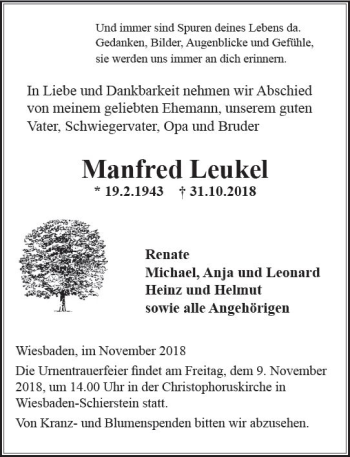 Traueranzeige von Manfred Leukel von vrm-trauer